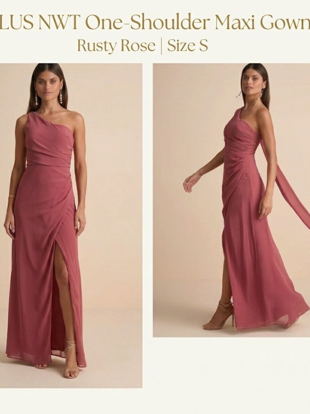Lulus Adeline Rusty Rose One-Shoulder Scarf Maxi Dress Chiffon - Size Small NWT